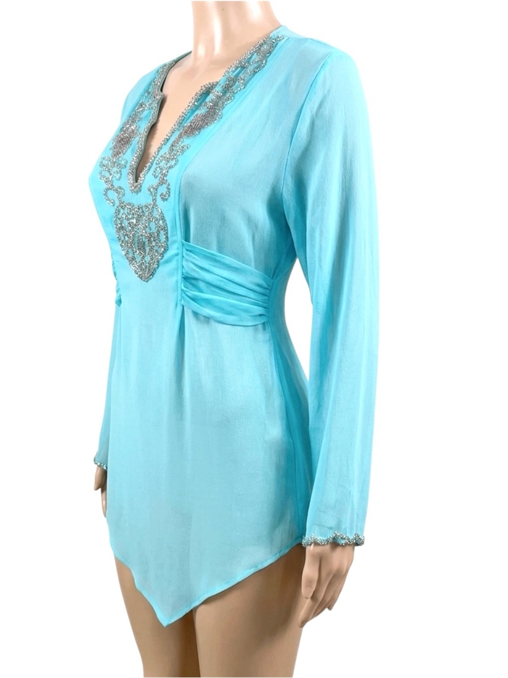 Vintage YAE Saint-Tropez sheer turquoise tunic cover-up blouse built-in tie Sz M - Picture 5 of 13